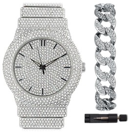 ICEDTAG Fully Iced Out Diamond Band 46MM Round Dial Gold Silver Plated Luxury Statement Watch, Cuban Link Crystal Bracelet Set (White Gold Set (Watch + Bracelet))