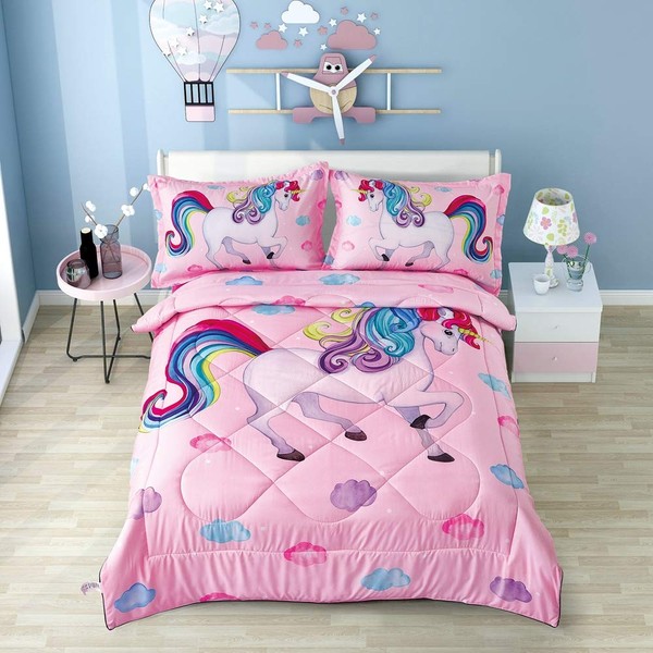 Wowelife Unicorn Bedding Sets for Girls Pink, Full Size 5 Piece Premium 3D Unicorn Comforter Set, Rainbow and Cloud Design, Comfortable and Breathable for Children and Adults