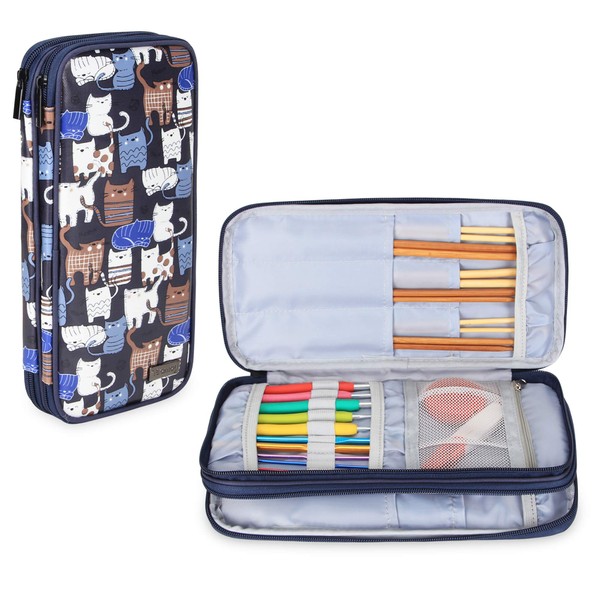 Teamoy Knitting Needles Case(up to 10-Inch), Travel Organizer Storage Bag for Circular and Straight Knitting Needles, Crochet Hooks and Knitting Accessories, Blue Cats-NO ACCESSORIES INCLUDED