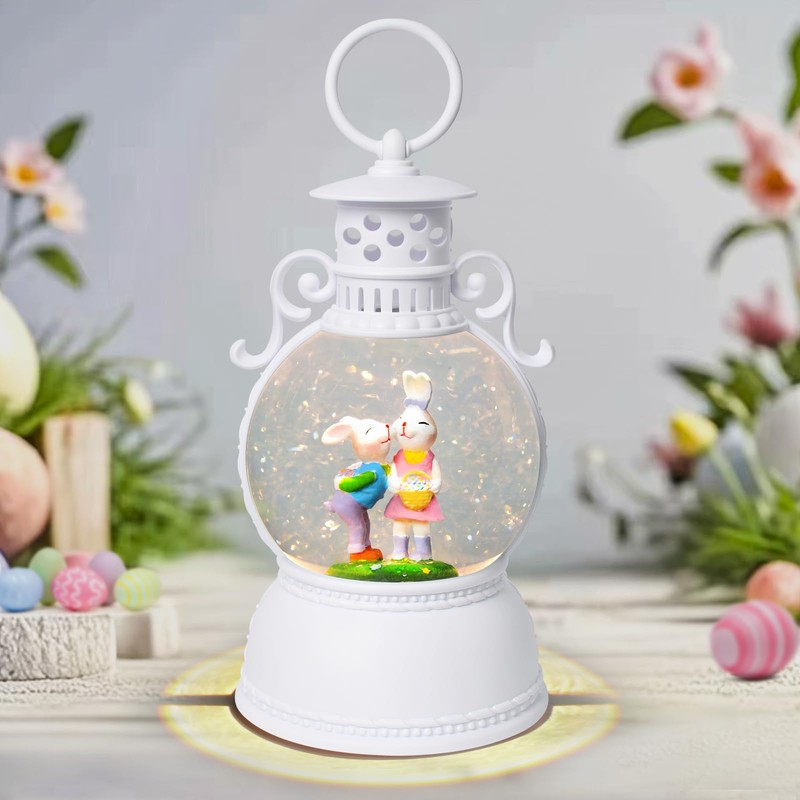 Easter Snow Globe Lantern, 9.4" Bunny Couple Lighted Snow Lantern