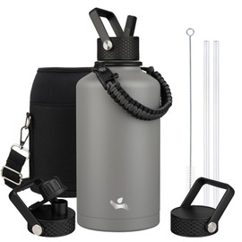 Konokyo Insulated Water Bottle with Straw,87 oz 3 Lids Water Jug with Carrying Bag,Paracord Handle,Double Wall Vacuum Stainless Steel Metal Flask,Gray