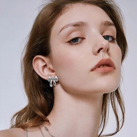 NEPULOY Sliver Bow Earrings for Women Bow Stud Earrings Cute Dangle Drop Earrings Trendy Jewelry Gifts for Women