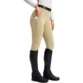 SANTINY Women's Horse Riding Pants Zipper Pockets Silicone Full-Seat Breeches Equestrian Schooling Tights for Women (Khaki_M)