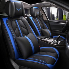 otoez Car Seat Covers Full Set Luxury Leatherette Automotive Interior Seat Covers, Waterproof Non-Slip Front & Rear Seat Cushion Protector Universal Fit Most Car Sedan Truck SUV (Blue, with Pollows)