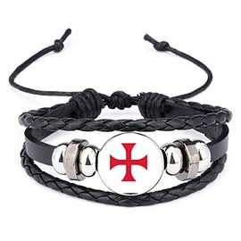 PJ4U Knights Templar Red Cross Black Leather Bracelet And Velvet Gift Bag