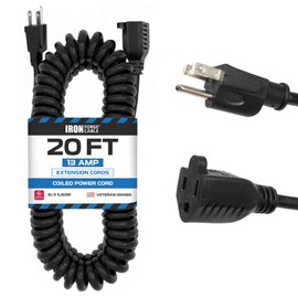 Iron Forge Cable SJEOW Black Outdoor Coiled Extension Cord 20 ft, 16/3, 13 Amp Oil Resistant & Flame Retardant 3 Prong Coiled Wire for Outdoor & Indoor