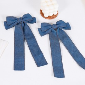 2Pcs Denim Hair Bow Clips for Women Girls Big Blue Jeans Long Tail Ribbon Bowknot Hair Barrettes Hairpins Denim Aesthetic Hair Decor Accessories 5.5" Birthday Xmas Gift
