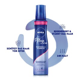 NIVEA Care & Hold Foaming Extra Strong (150 ml), Nourishing Hair Foam with Heat Protection, Panthenol & Vitamin B3, Hair Firming for 24 Hours Hold (Hold Level 4)