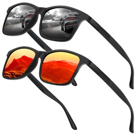 Chritice Men's Polarised Sunglasses, Pack of 2, Polarised Sunglasses, Men's Large UV 400 Protection, Driving, Travel, Outdoor Sunglasses, Black, Red, Blue Lenses, A Black+Red