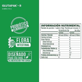 Glutapak-R, Pack c/ 6 sobres con 15g cada uno. Probiótico con Glutamina para el manejo dietario de alteraciones gastro-intestinales.