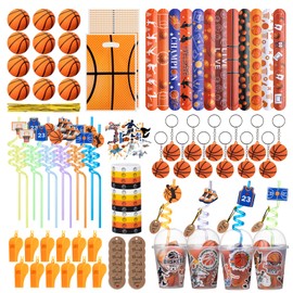 170 Pcs Basketball Party Favors Pack with Cups Straws Stress Ball Silicone Wristbands Slaps Bracelets Keychains Stickers Whistles Thank You Tags Goodie Bags for Basketball Birthday Party Supplies