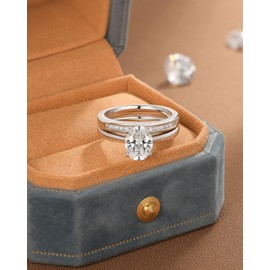 Blongme 2Ct Solitaire Oval Wedding Rings Bridal Set for Women, 925 Sterling Silver Engagement Sets Cubic Zirconia Size 10