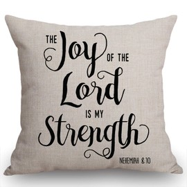 Swono Christian Quote Joy of The Lord is My Strength Rustic Decoration Farmhouse Décor Cotton Linen Home Decorative Throw Pillow Case Cushion Cover for Sofa Couch, 18" x 18"