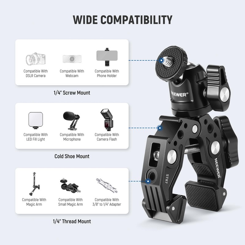 NEEWER Super Clamp with Ballhead, Cold Shoe, Holder and Action