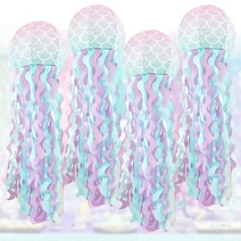 Pack of 4 Paper Lanterns Decoration: TOATELU 25 cm/10 Inch Mermaid Birthday Decoration, Jellyfish Paper Lanterns, for Children Theme Party, Ocean Theme Party Supplies