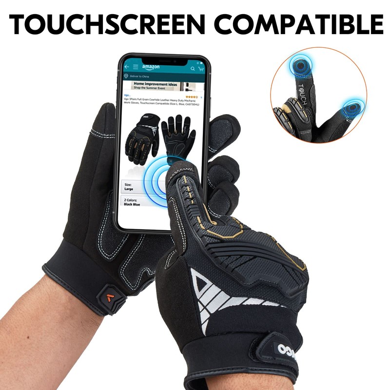Vgo... 1-Pair HeavyDuty Synthetic Leather Work Gloves, Impact Protection Mechanic