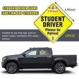 Dickno 2PCS Student Driver Sticker for Car Window, 5''×5'' Removable New Student Driver Safety Sign with Suction Cup, Please Be Patient Student Driver Decal Sticker for New Driver (Black)