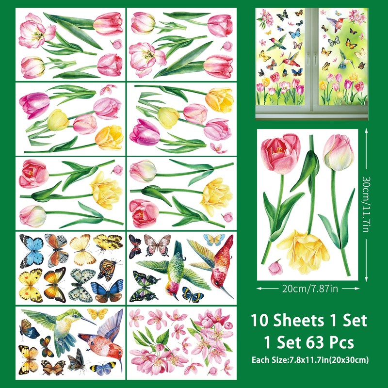 Konsait 9 Sheets Spring Flower Window Clings, Large Removable Butterfly
