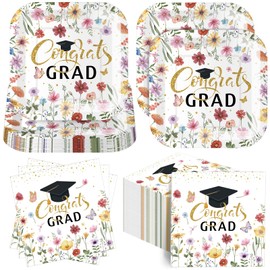 Funnymoom 100 Pcs Wildflower Graduation Party Supplies 2025 Paper Plates and Napkins, 7 Inches Disposable Plates 13 Inches Dinner Napkins Party Decorations, Serves 50 (Colorful,Grad)