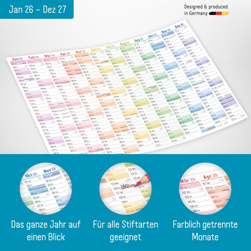 Häfft 5 x Wall Calendar 2026 A4 Landscape "Rainbow" +