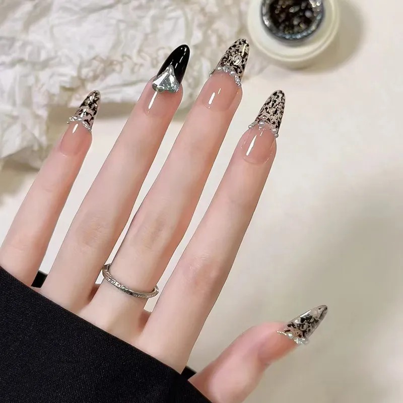 Uñas Postizas 6 Juegos Almendra Punta Flor Perlas Borde Blan