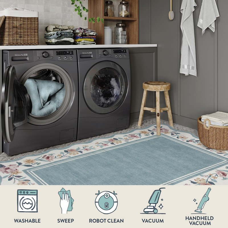 Lahome Floral Blue 2x6 Runner Rug for Hallway,Scalloped Washable Rug