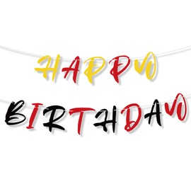 Cartoon Mouse Happy Birthday Banner, Pre-Strung Red Black and Yellow Anime Themed Birthday Party Decorations Photo Backdrop for Boys Girls Baby Shower Party Decor Supplies