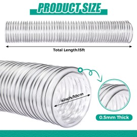Therwen 4 x 15' Flexible PVC Dust Collection Hose, Heavy Duty Dust Debris, Fume Collection Puncture Resistant Clear Vacuum Hose