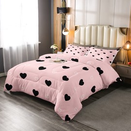 Girls Comforter Set Full Size Cute Heart Pattern Bedding Set Lovely Pink Black Down Comforter Cartoon Geometric Soft Quilt Set Girly Kawaii Bedroom Decor Gift Modern Duvet Set with 2 Pillowcases