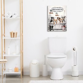 Funny Dog Bathroom Wall Art Farmhouse Vintage Cute Animals Puppy Pictures Canvas Wall Decor Wash Your Paws Lovely Rustic Dogs Print Painting Framed Artwork for Bedroom Bathroom 12"X16"