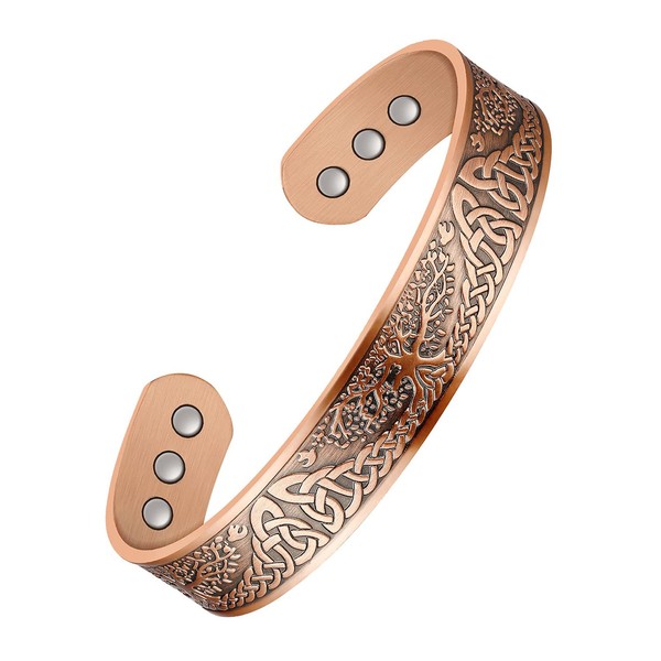 Jeracol Magnetic Copper Bracelet for Men, Women, Tree of Life, 100% Solid Copper Bangle with 6 Magnets, 3500 Gras-magnets, Adjustable Size with Jewellery Gift Box