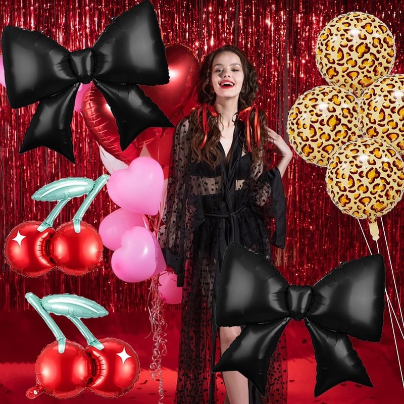 8PCS Black Bow and Cheetah Cherry Foil Balloons Decorations