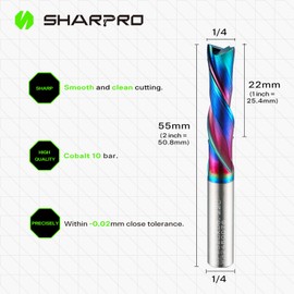 SHARPRO Downcut Spiral Router Bit 1/4 Inch Shank 1/4 Inch Cutting Dia. Solid Carbide Down Cut CNC Bit with Smooth Quark Coating, Ideal for Wood and Metal Cutting, Engraving
