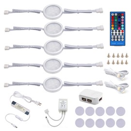 AIBOO 24V Round Color Changing Puck Lights Kit,Multicolor Under Counter Lighting Kit Linkable for Kitchen,Cabinet,Showcase,Display,Bedroom with 40 Key Dimmable Remote,12W 5 Packs RGB+Warmwhite RGBWW