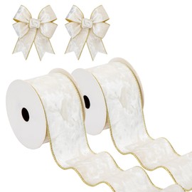 Arborus White and Gold Velvet Christmas Ribbon 2.5 Inch Christmas Tree Ribbon with Metallic Wired Edge Velvet Ribbon for Gift Wrapping Wreaths Garland Big Bow Crafts Supplies(2 Rolls, 20 Yards)