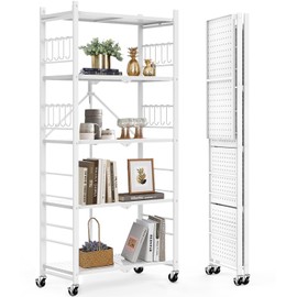 Himix Storage Shelves with 20 Hooks, 5-Tier Foldable Shelves for Storage, Folding Shelf Unit Pantry Shelves with Wheels, Metal Shelving Storage Rack Shelf for Kitchen Garage Home Office - No Assembly
