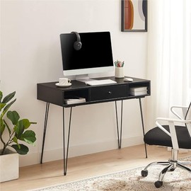 VECELO 39.3" Home Office Work Table with 3 Drawers,Computer Desk with Hairpin Legs for Writing/Study,Dark Black