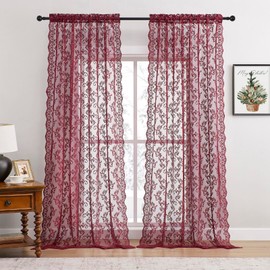 Burgundy Lace Curtains 84 Inches Long 2 Panels Modern Romantic Maroon Lace Curtains for Bedroom Living Room Rod Pocket Light Filtering Sheer Lace Curtains French Drapes Wine Floral Rose Decor, 52x84