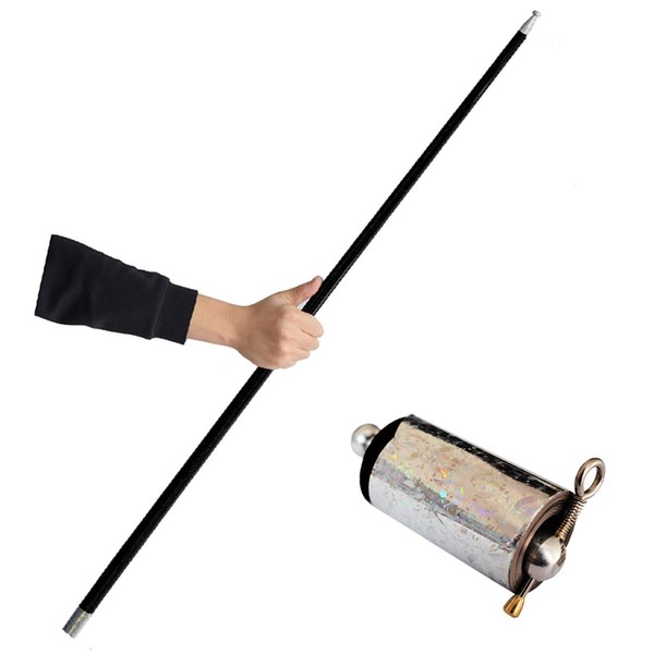 OUERMAMA Black Magic Cane Metal Appearing Cane with Video Tutorial and Free Gloves, Pocket Staff Magic Tricks
