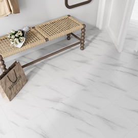 VEELIKE Peel and Stick Tile Flooring Marble Vinyl Flooring Adhesive White Vinyl Floor Tiles Waterproof Grey Floor Stickers 12 Pack Bathroom Laminate Flooring for Bedroom Kitchen Living Room 12''x12''