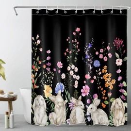 LB Easter Rabbit Shower Curtain for Bathroom,Funny Animal and Country Colorful Wildflower Green Plant on Black Fabric Shower Curtain with Hooks,Rustic Nature Bathroom Curtains Shower Set, 60x72 inches