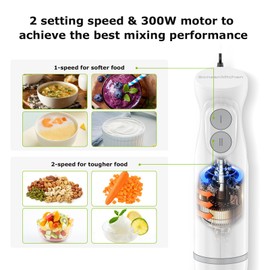 Bonsenkitchen Hand Blender, Immersion Blender with 2 Mixing Speed, 2-In-1 Hand Held Stick Mixer with Beaker for Soups, Smoothies, Sauce, White