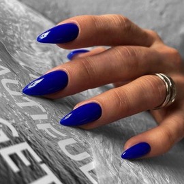 KQueenest 48 Pcs Almond Press on Nails Medium Length,Press on Royal Blue Nails,Solid Dark Color Medium Fake Nails Acrylic,Stiletto Nails Glue on,Gel Stick on Nails for Women Finger Decoration