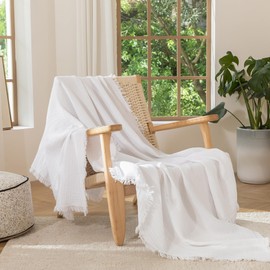 MooMee Muslin Blanket - 100% Cotton 4-Layer Gauze Throw Blanket with All-Around Fringe, Ultra-Soft Breathable Lightweight Cooling Decorative for Bed, Sofa & Couch (Bright White,Super King 108" x 98")