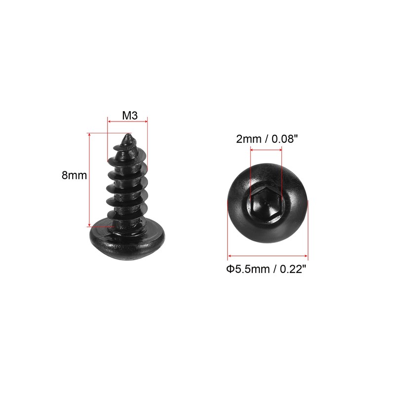 sourcing map Hex Socket Self Tapping Screws, M3 x 8mm