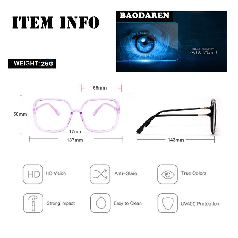 BAODAREN Blue Light Blocking Glasses Oversized Square Frame Women/Men Anti