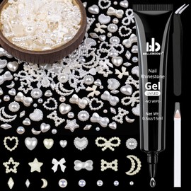 600Pcs 3D Multi Shapes Nail Charms and Flatback Pearls, White&Beige Mix styles Heart Star Bow Sunflower Embellishments for Nail Art, Craft and Decoration with Glue Gel, Tweezer and Pickup Pencil