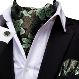 Dubulle Sage Green Brown Flower Ascot Tie for Men Self Tie Mens Cravat and Pocket Square Cufflinks Wedding Business
