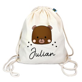Bio Turnbeutel mit Namen personalisiert & Bedruckt | Motiv Bär | Stoffbeutel Schuhbeutel Sportbeutel Wäschebeutel Rucksack für Kinder Jungen & Mädchen | inkl. NAMENSDRUCK