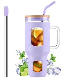 WINSA Glass Tumbler with Straw and Lid, 40 oz Glass Cup with Handle, Glass Water Bottles with Time Marker, 2 Straws - Pearl Straw & Drinking Straw Silicone Protective Sleeve-Purple